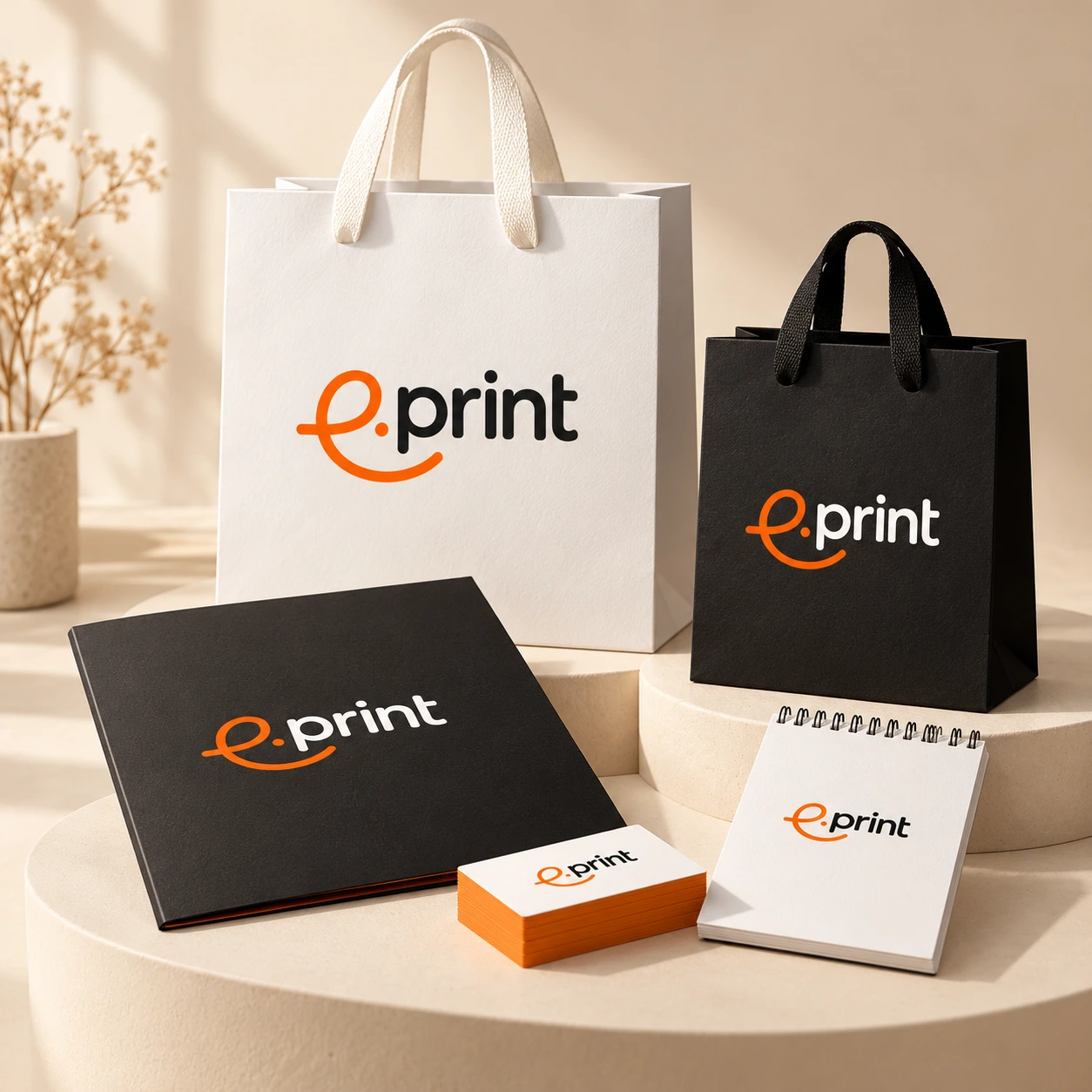 Sacolas branca e preta, pasta, cartões e bloco personalizados com a marca Eprint
